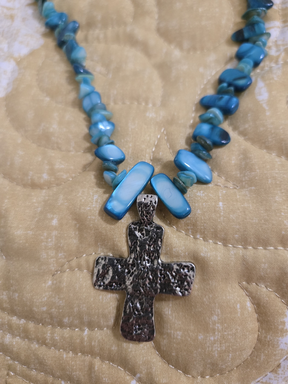 Source Unknown Blue Turquoise Chip Necklace with Hammered Silver Cross
